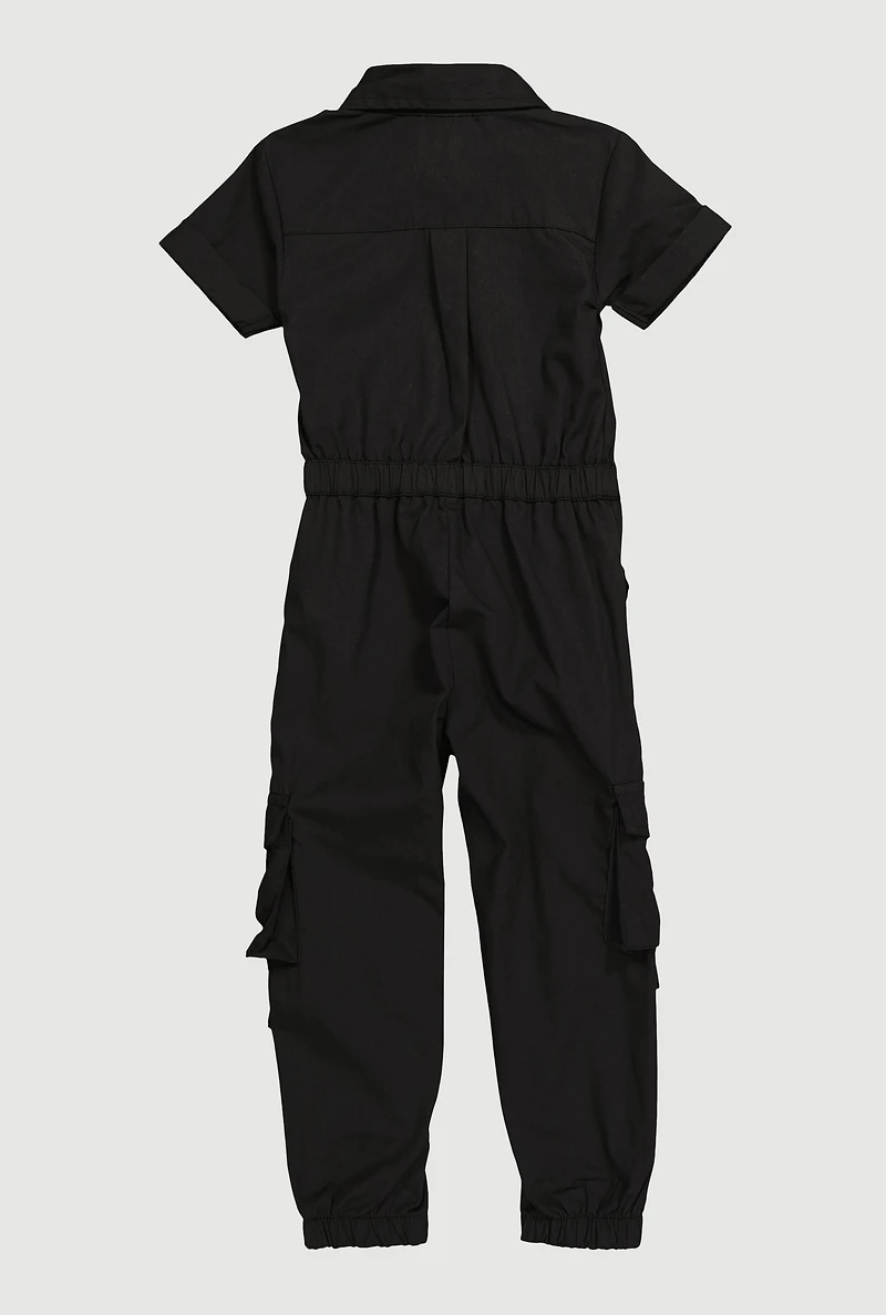 Toddler Girls Button Front Cargo Pocket Jumpsuit with D-Ring Buckles,