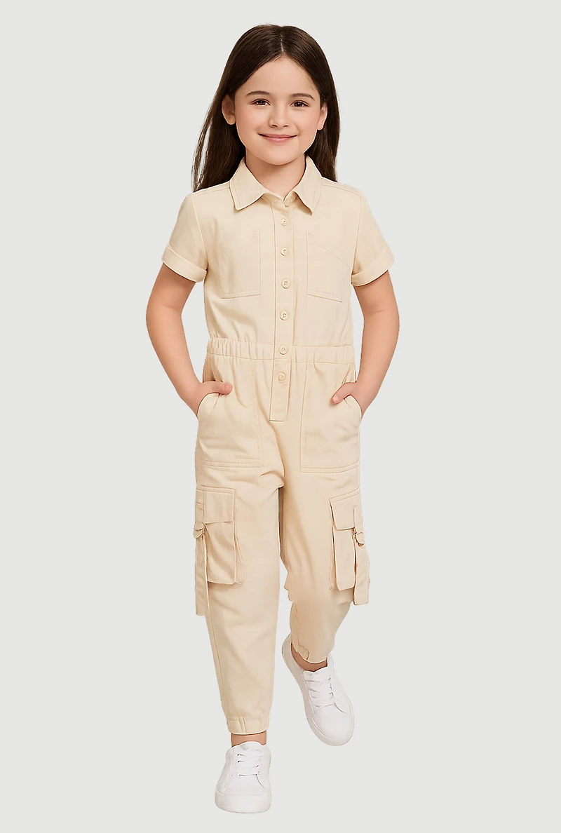Toddler Girls Button Front Cargo Pocket Jumpsuit with D-Ring Buckles, 4T