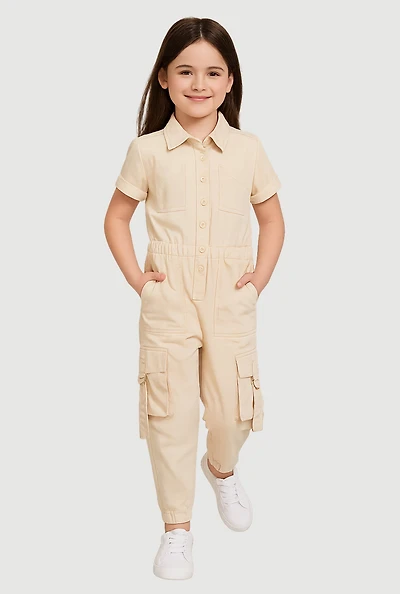 Toddler Girls Button Front Cargo Pocket Jumpsuit with D-Ring Buckles