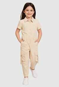 Toddler Girls Button Front Cargo Pocket Jumpsuit with D-Ring Buckles