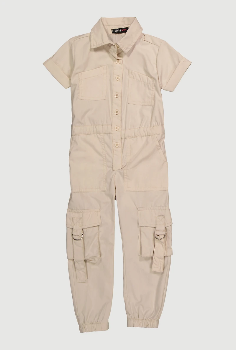 Toddler Girls Button Front Cargo Pocket Jumpsuit with D-Ring Buckles, 4T