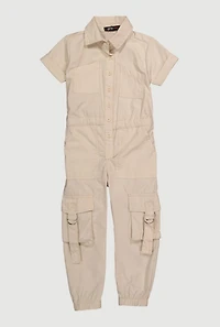 Toddler Girls Button Front Cargo Pocket Jumpsuit with D-Ring Buckles, 4T