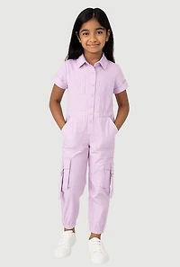Toddler Girls Button Front Cargo Pocket Jumpsuit with D-Ring Buckles