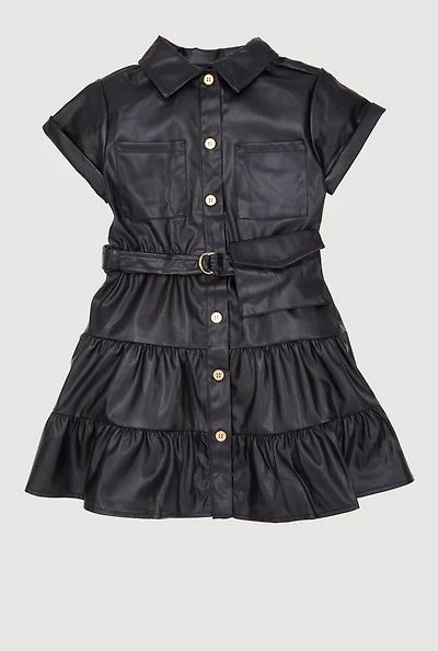 Toddler Girls Faux Leather Shirt Dress with Belt and Pouch, Black, Size 3T