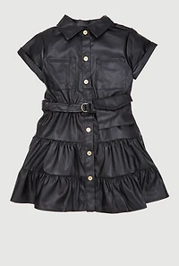 Toddler Girls Faux Leather Shirt Dress with Belt and Pouch, Black,