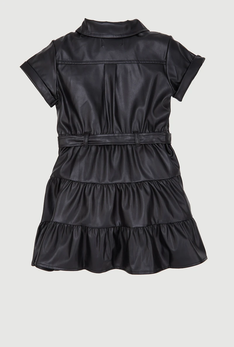 Toddler Girls Faux Leather Shirt Dress with Belt and Pouch, Black,