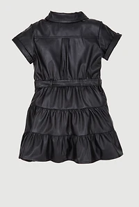 Toddler Girls Faux Leather Shirt Dress with Belt and Pouch, Black,