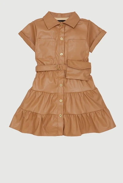 Toddler Girls Faux Leather Shirt Dress with Belt and Pouch,