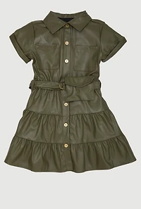 Toddler Girls Faux Leather Shirt Dress with Belt and Pouch