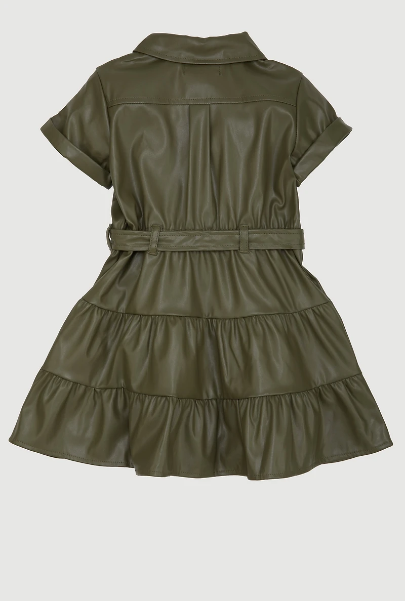 Toddler Girls Faux Leather Shirt Dress with Belt and Pouch