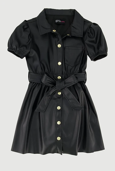 Toddler Girls Faux Leather Shirt Dress with Tie Waist Belt, Black,