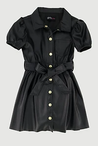 Toddler Girls Faux Leather Shirt Dress with Tie Waist Belt
