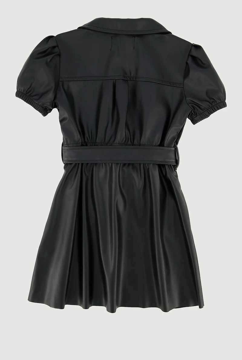 Toddler Girls Faux Leather Shirt Dress with Tie Waist Belt, Black,