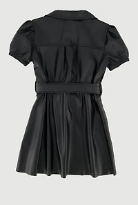Toddler Girls Faux Leather Shirt Dress with Tie Waist Belt, Black,