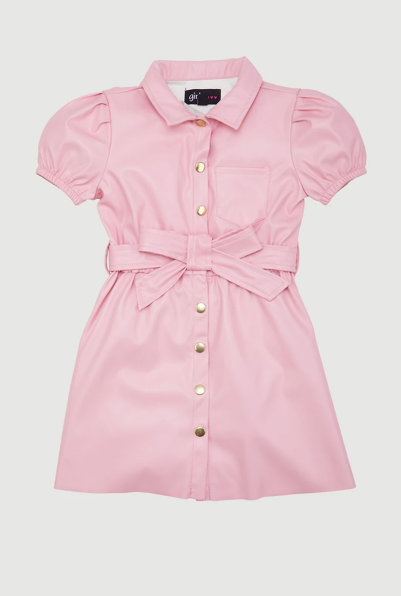 Toddler Girls Faux Leather Shirt Dress with Tie Waist Belt, Pink, Size 3T