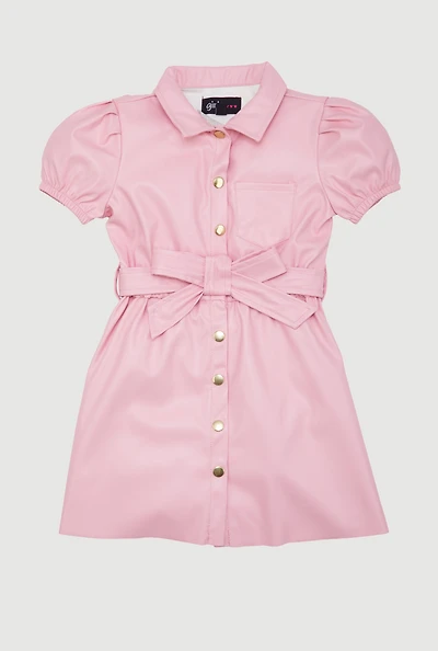Toddler Girls Faux Leather Shirt Dress with Tie Waist Belt, Pink, Size 3T