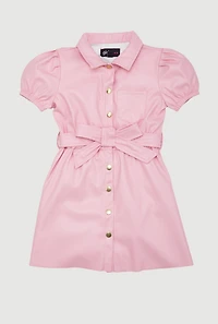 Toddler Girls Faux Leather Shirt Dress with Tie Waist Belt, Pink, Size 3T