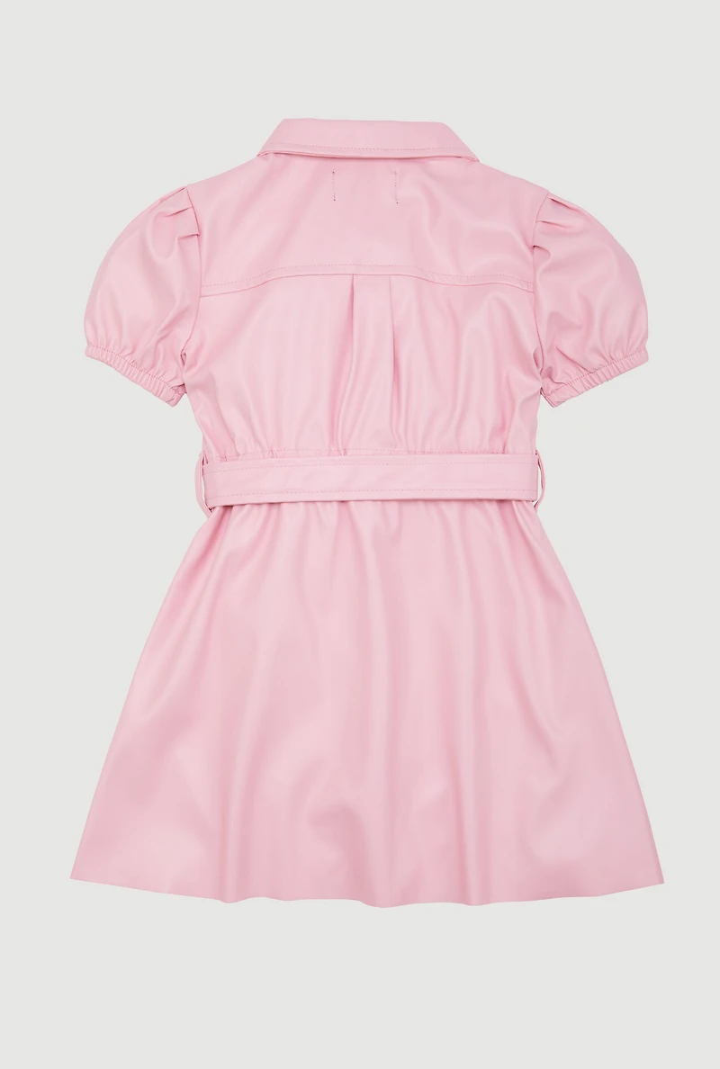 Toddler Girls Faux Leather Shirt Dress with Tie Waist Belt, Pink, Size 3T