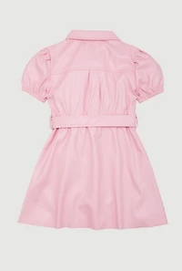 Toddler Girls Faux Leather Shirt Dress with Tie Waist Belt, Pink, Size 3T