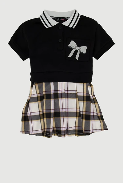Toddler Girls Bow Print Plaid Layered Look Polo Dress, Black, Size 4T