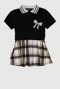 Toddler Girls Bow Print Plaid Layered Look Polo Dress, Black, Size 4T