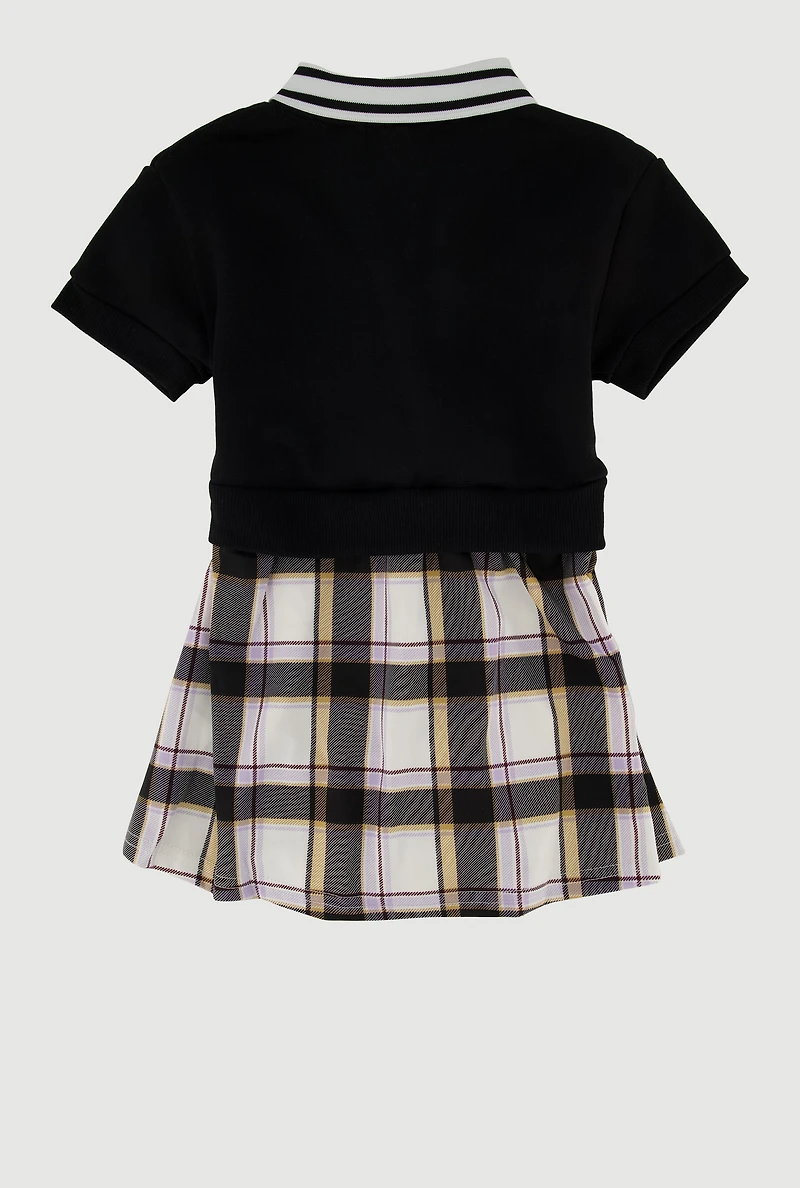Toddler Girls Bow Print Plaid Layered Look Polo Dress, Black, Size 4T