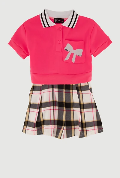 Toddler Girls Bow Print Plaid Layered Look Polo Dress, Multi, Size 4T