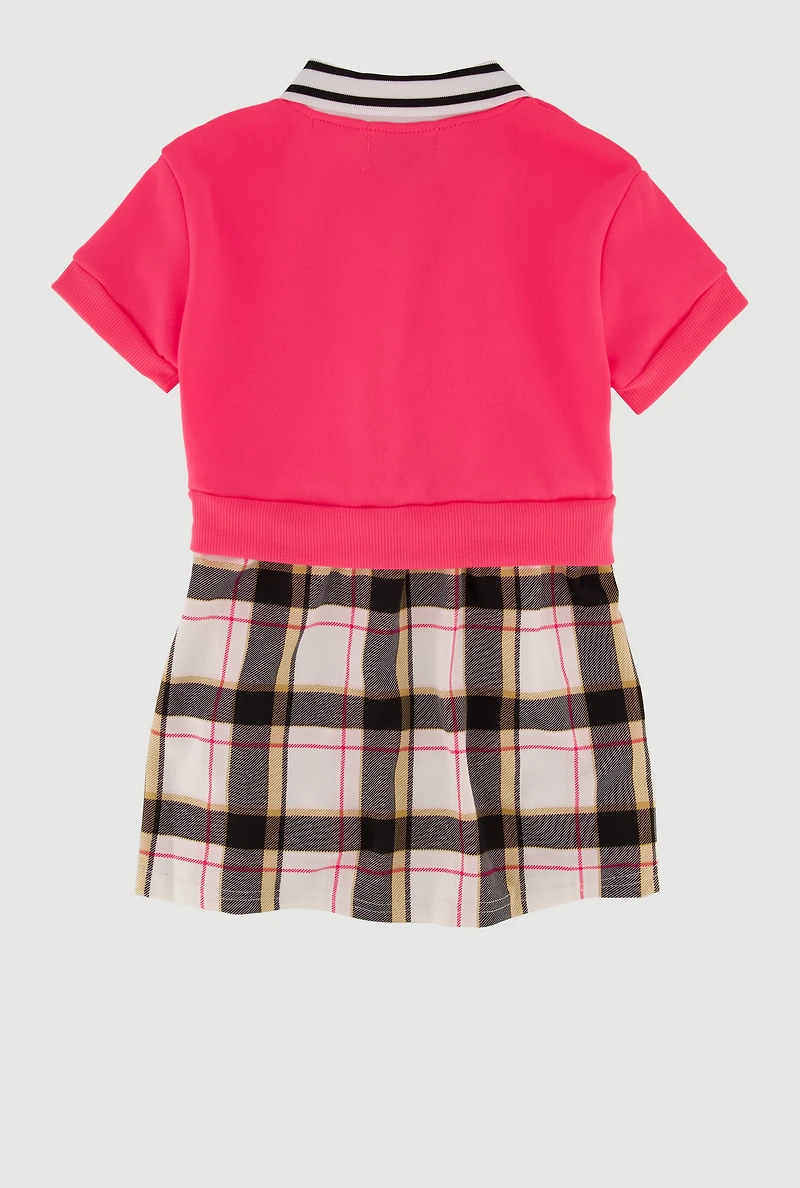 Toddler Girls Bow Print Plaid Layered Look Polo Dress, Multi, Size 4T