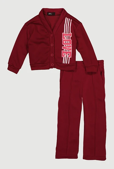 Toddler Girls Love Embroidered Cardigan and Sweatpants, Burgundy, Size 3T