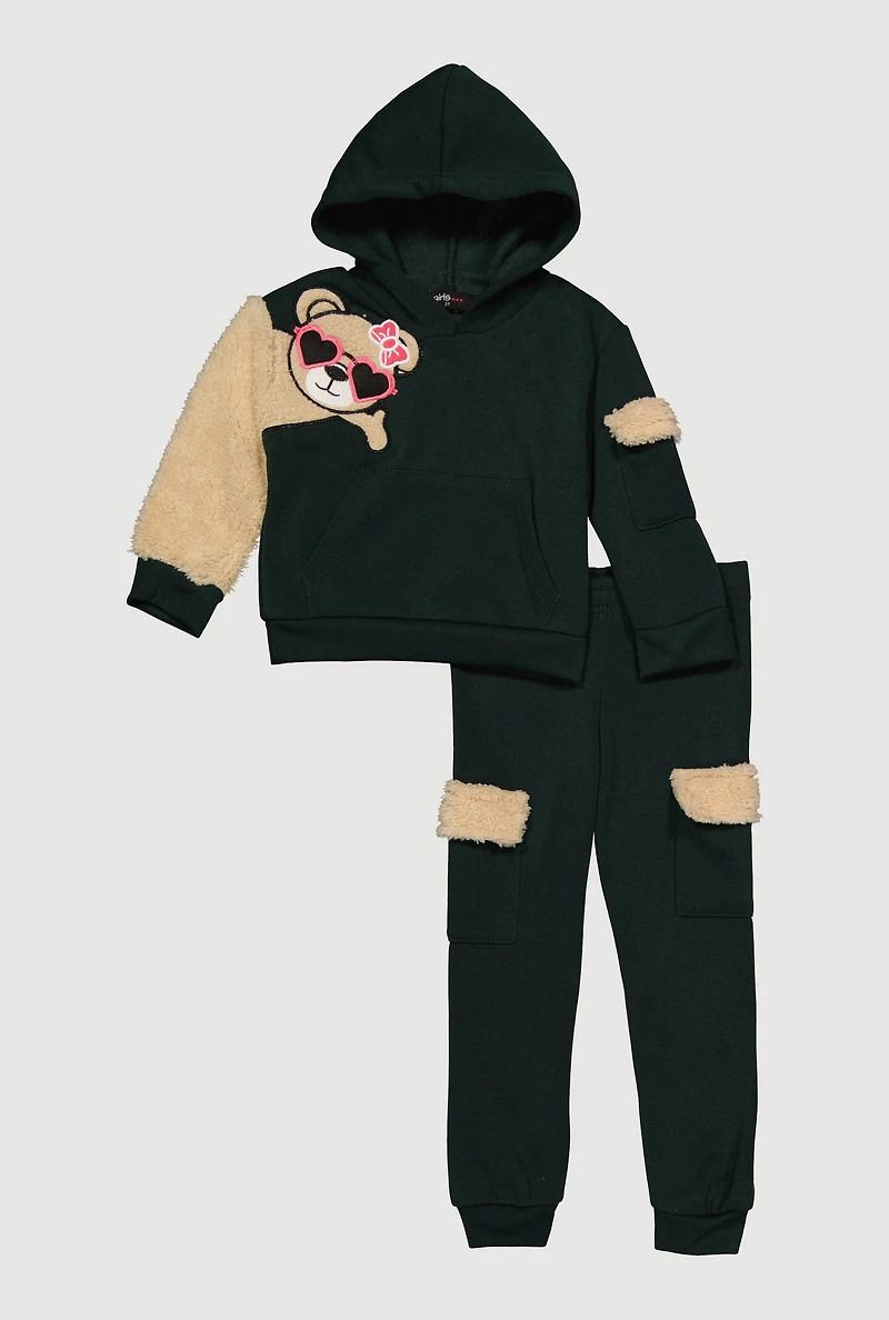 Toddler Girls Sherpa Detail Bear Graphic Hoodie and Joggers, Green, Size 2T
