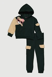 Toddler Girls Sherpa Detail Bear Graphic Hoodie and Joggers, Green, Size 2T