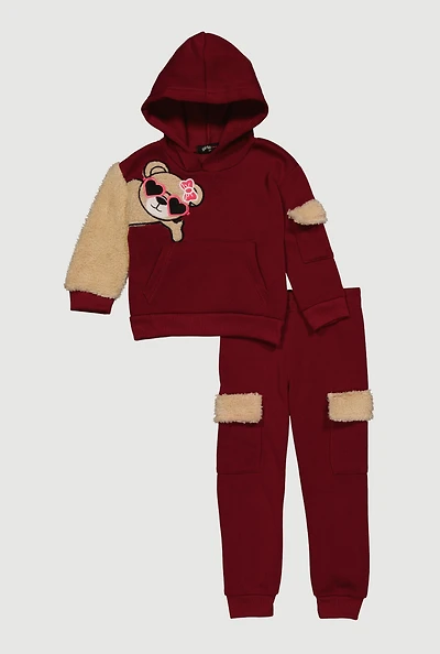 Toddler Girls Sherpa Detail Bear Graphic Hoodie and Joggers,