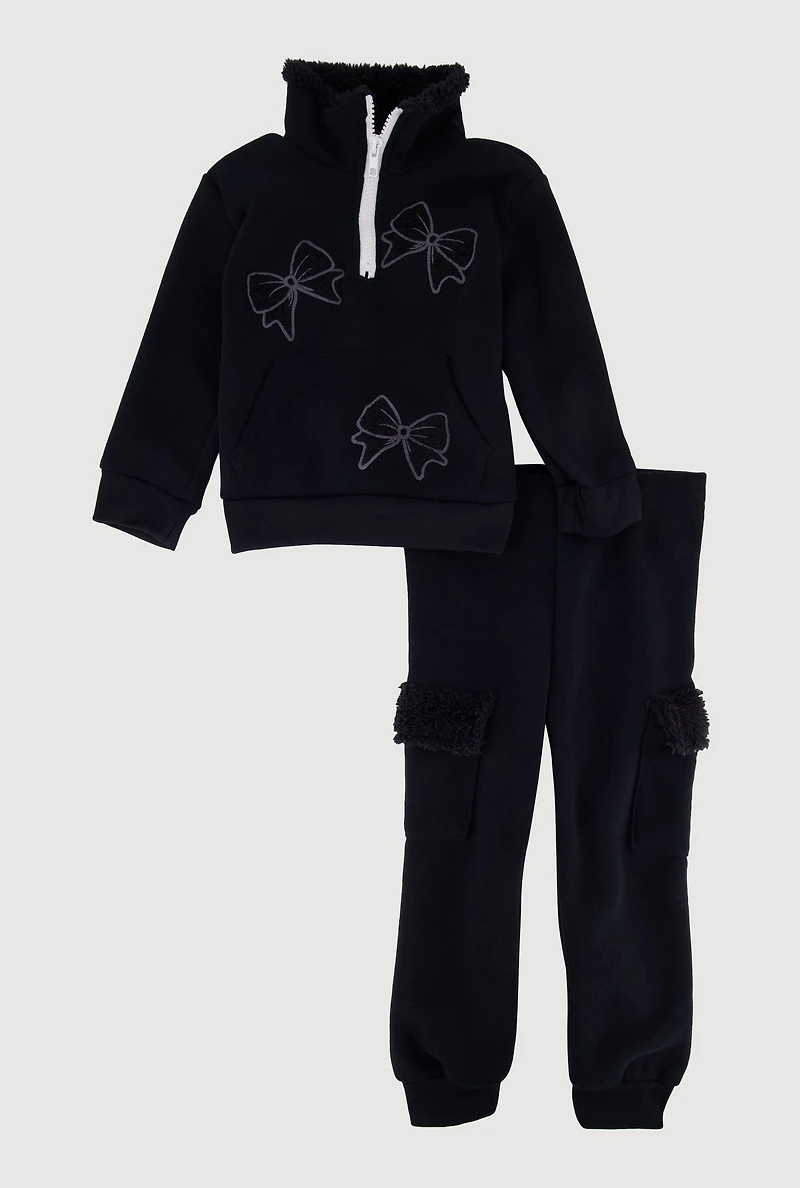 Toddler Girls Bow Chenille Quarter Zip Sweatshirt and Joggers