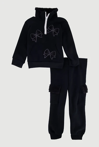 Toddler Girls Bow Chenille Quarter Zip Sweatshirt and Joggers