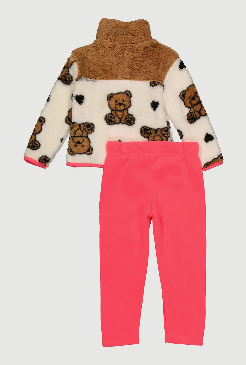 Toddler Girls Sherpa Teddy Bear Jacket and Sweatpants, Pink,