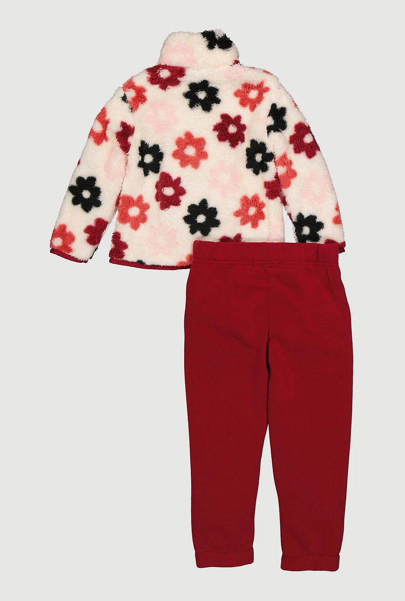 Toddler Girls Floral Graphic Sherpa Jacket and Sweatpants