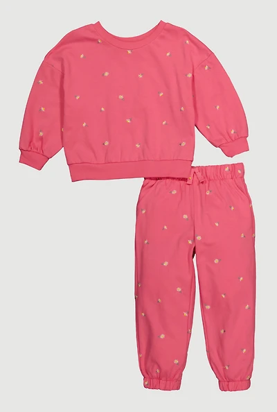 Toddler Girls Floral Embroidered Sweatshirt and Sweatpants, Pink, Size 3T