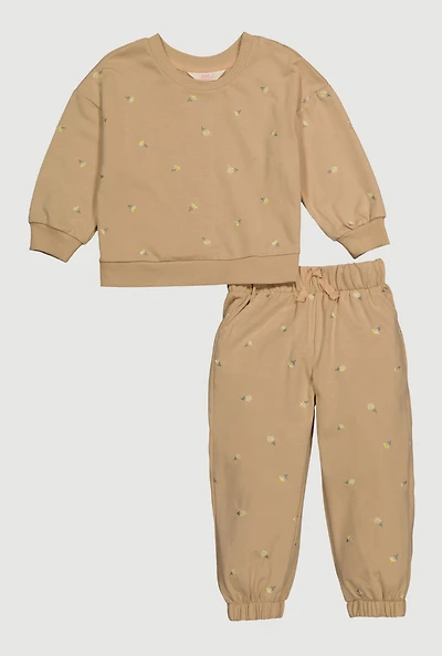 Toddler Girls Embroidered Floral Sweatshirt and Sweatpants, Beige,