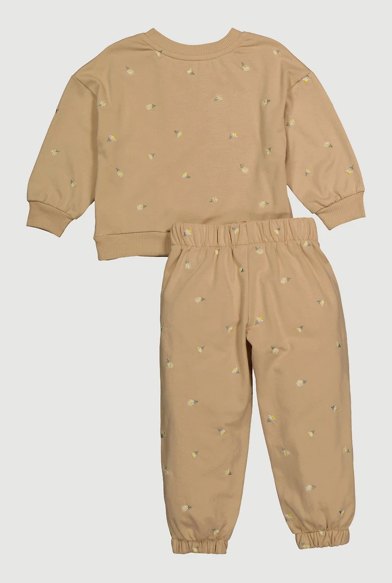 Toddler Girls Embroidered Floral Sweatshirt and Sweatpants, Beige,