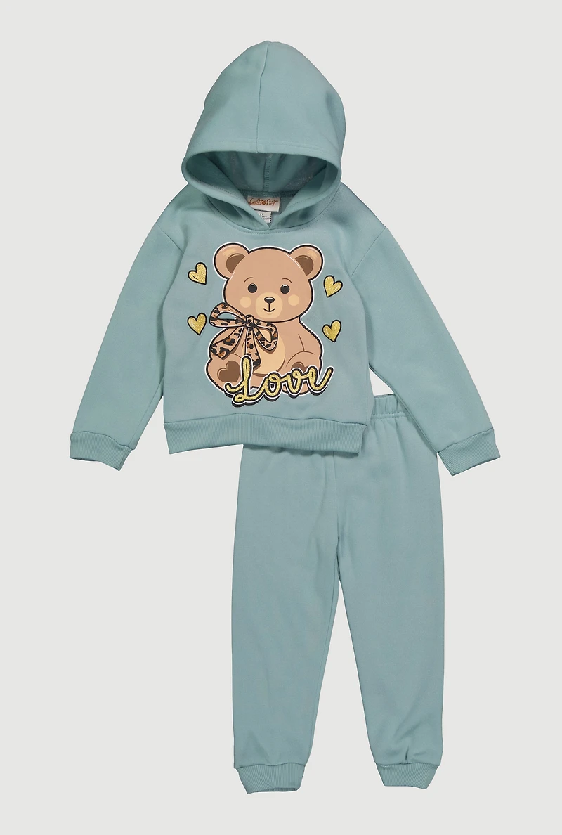 Toddler Girls Bear Graphic Love Hoodie and Joggers Set, 3T