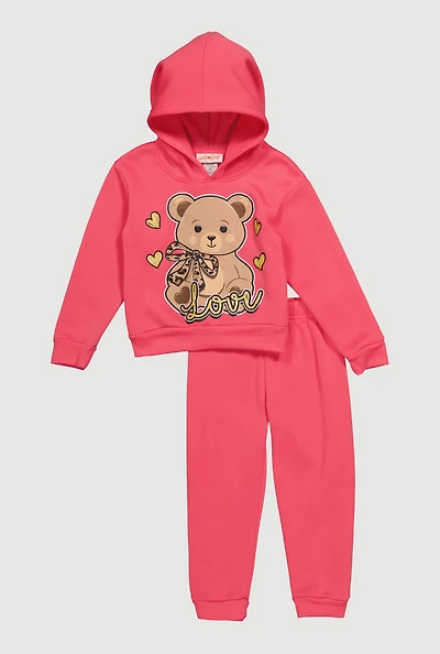 Toddler Girls Bear Graphic Love Hoodie and Joggers Set, Pink, Size 4T