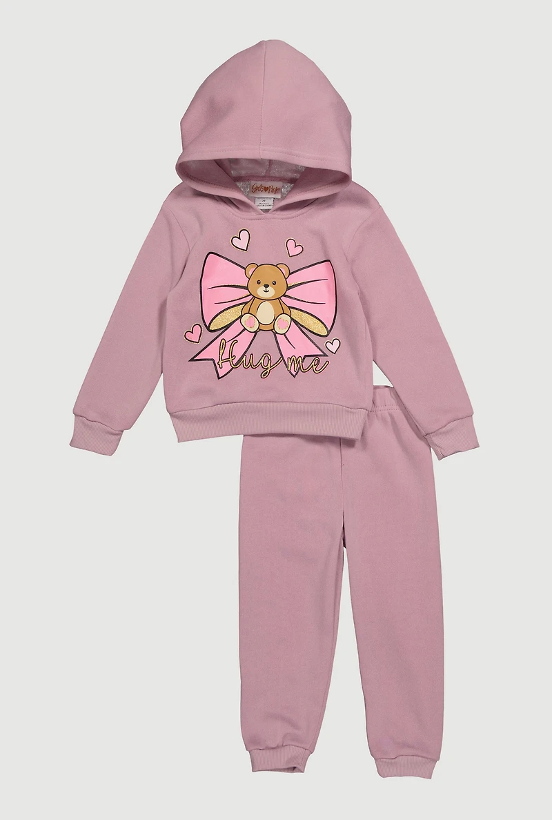Toddler Girls Hug Me Graphic Hoodie and Sweatpants, Purple, Size 4T