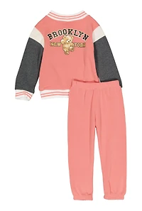 Toddler Girls 98 Brooklyn New York Bear Jacket and Sweatpants, Pink, Size 4T