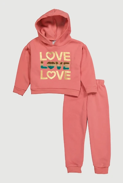 Toddler Girls Chenille Love Graphic Hoodie and Joggers, Pink, Size 2T