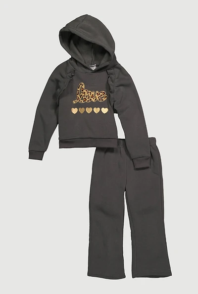 Toddler Girls Love Embroidered Graphic Hoodie and Sweatpants, Grey, Size 2T