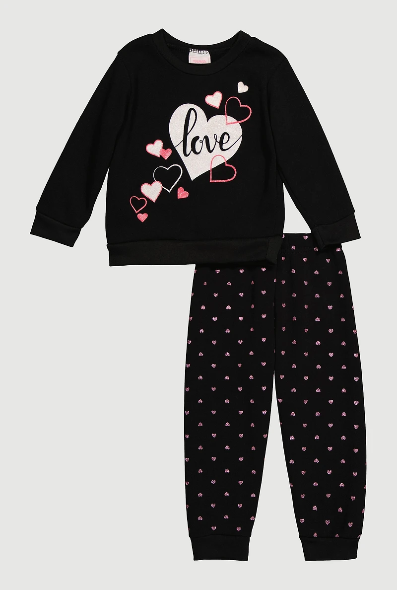 Toddler Girls Love Heart Graphic Sweatshirt and Joggers, Black,