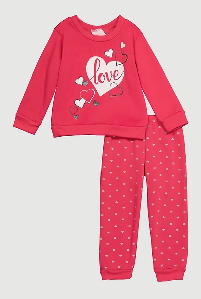 Toddler Girls Love Heart Graphic Sweatshirt and Joggers, Pink, Size 3T
