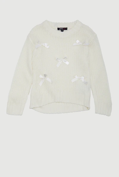 Toddler Girls Bow Detail Long Sleeve Sweater, White,