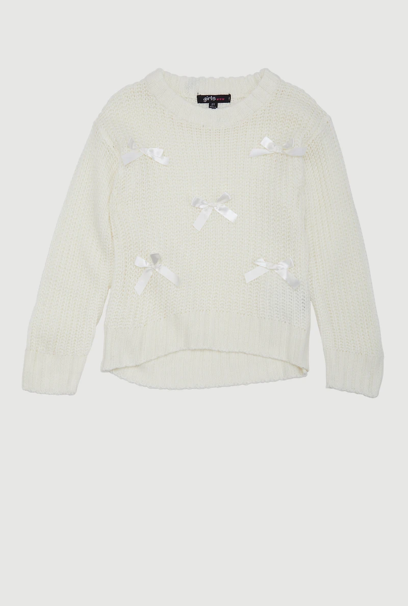 Toddler Girls Bow Detail Long Sleeve Sweater, White, Size 2T