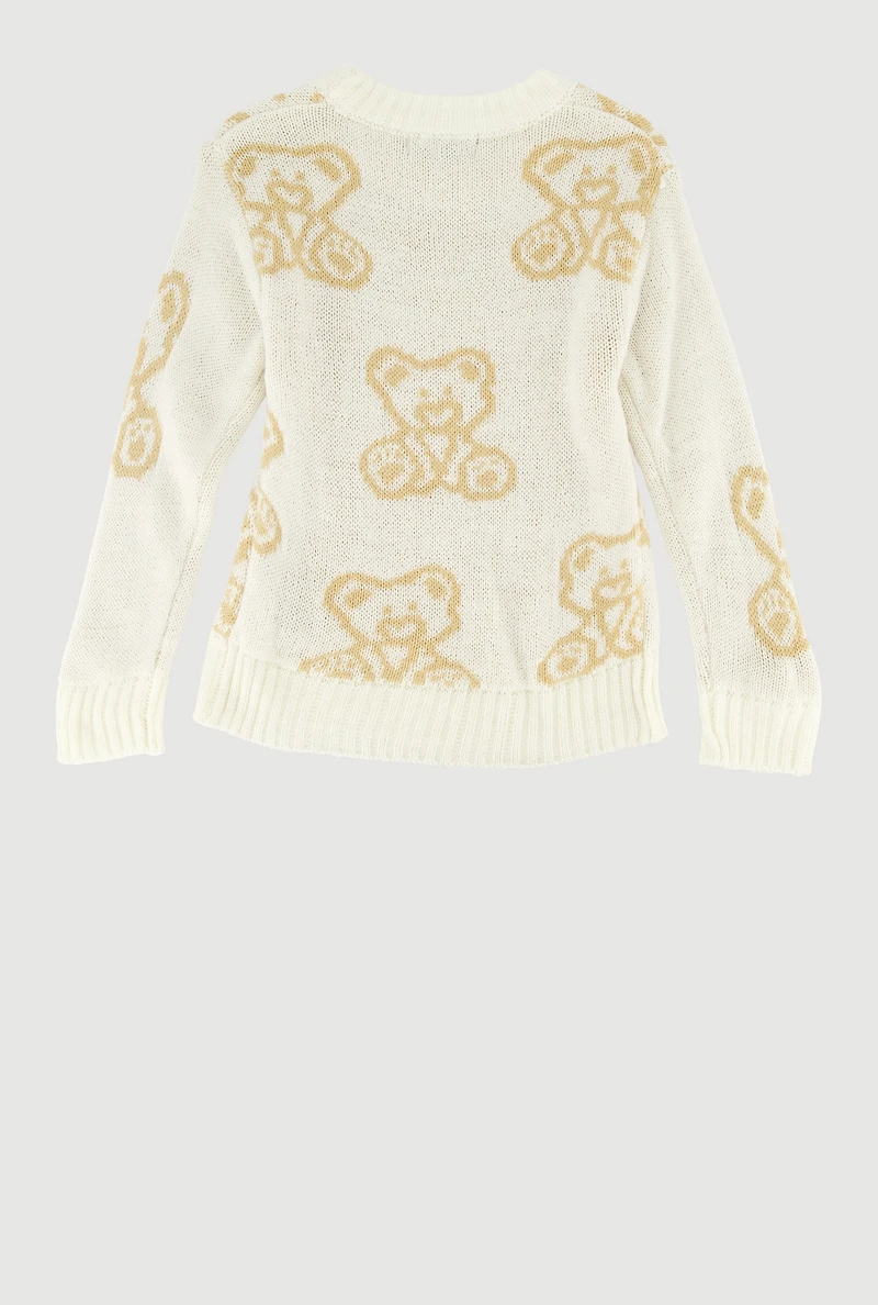 Toddler Girls Teddy Bear Print Long Sleeve Sweater, White, Size 2T